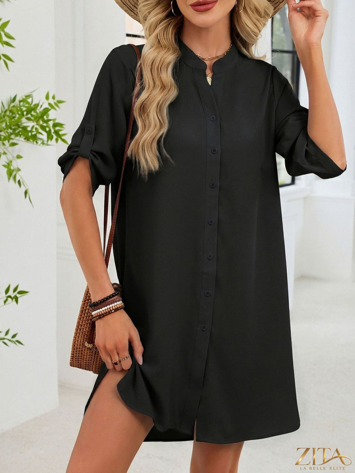 Zita La Belle Elite casual button-down shirt dress in lightweight fabric, featuring a collar and long sleeves.