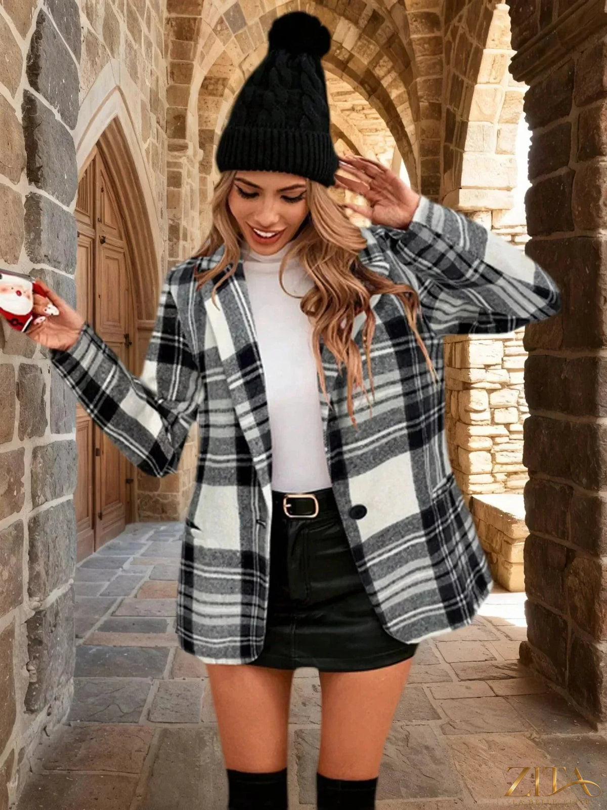 Zita La Belle Elite Christmas plaid blazer with single button, tailored fit, and festive red and green tartan pattern.