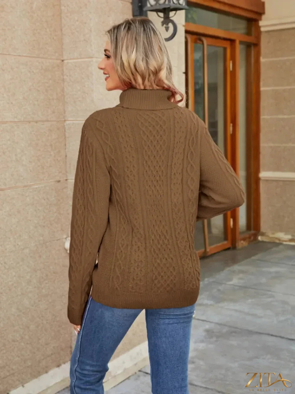 Zita La Belle Elite cable-knit mock neck sweater in cozy knit fabric, featuring a fitted silhouette and classic design.