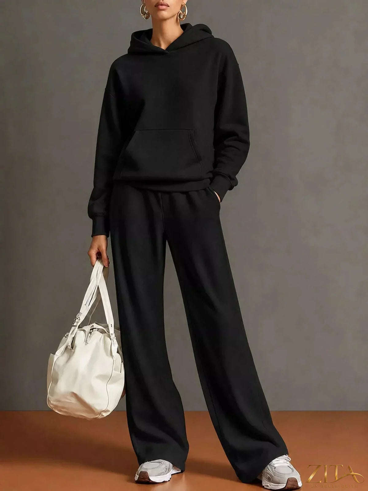 Zita La Belle Elite kangaroo pocket hoodie and matching pants set, casual two-piece athletic loungewear for comfort.