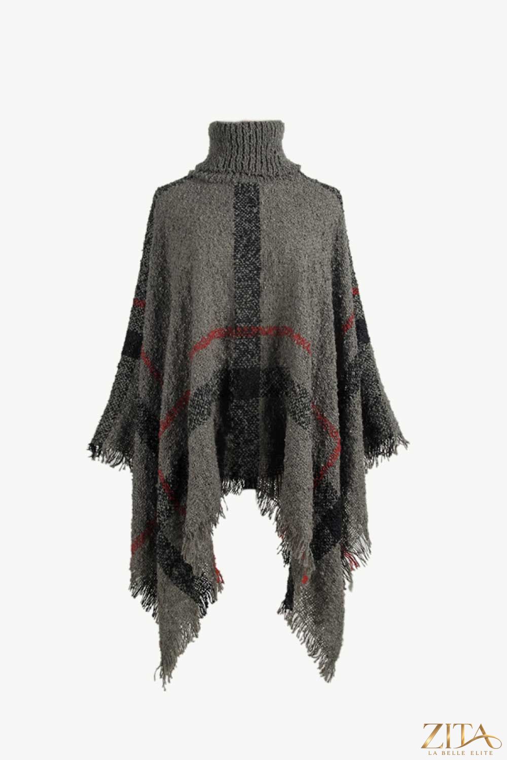 Plaid turtleneck raw hem poncho by Trendsi, featuring a cozy plaid pattern, turtleneck collar, and unfinished raw hem detail.