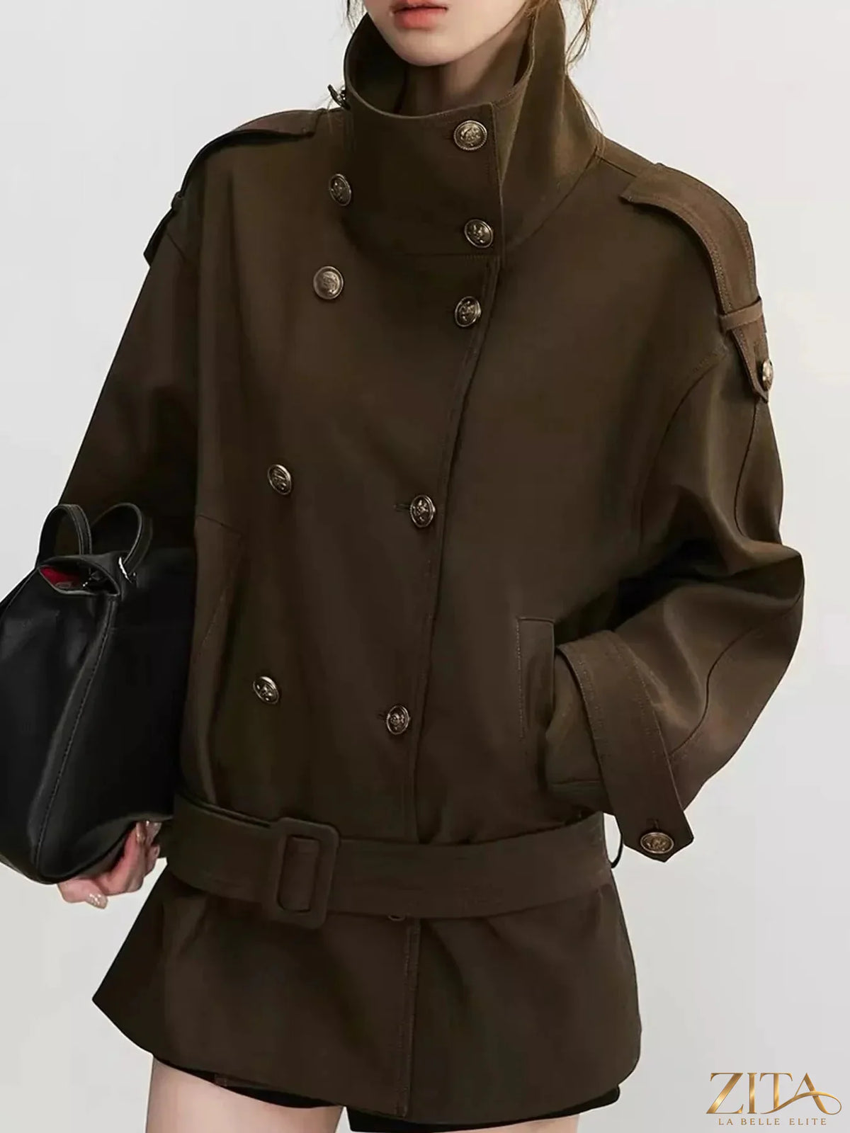 Zita La Belle Elite double-breasted turtleneck trench coat in beige, stylish outerwear with button details and classic silhouette.
