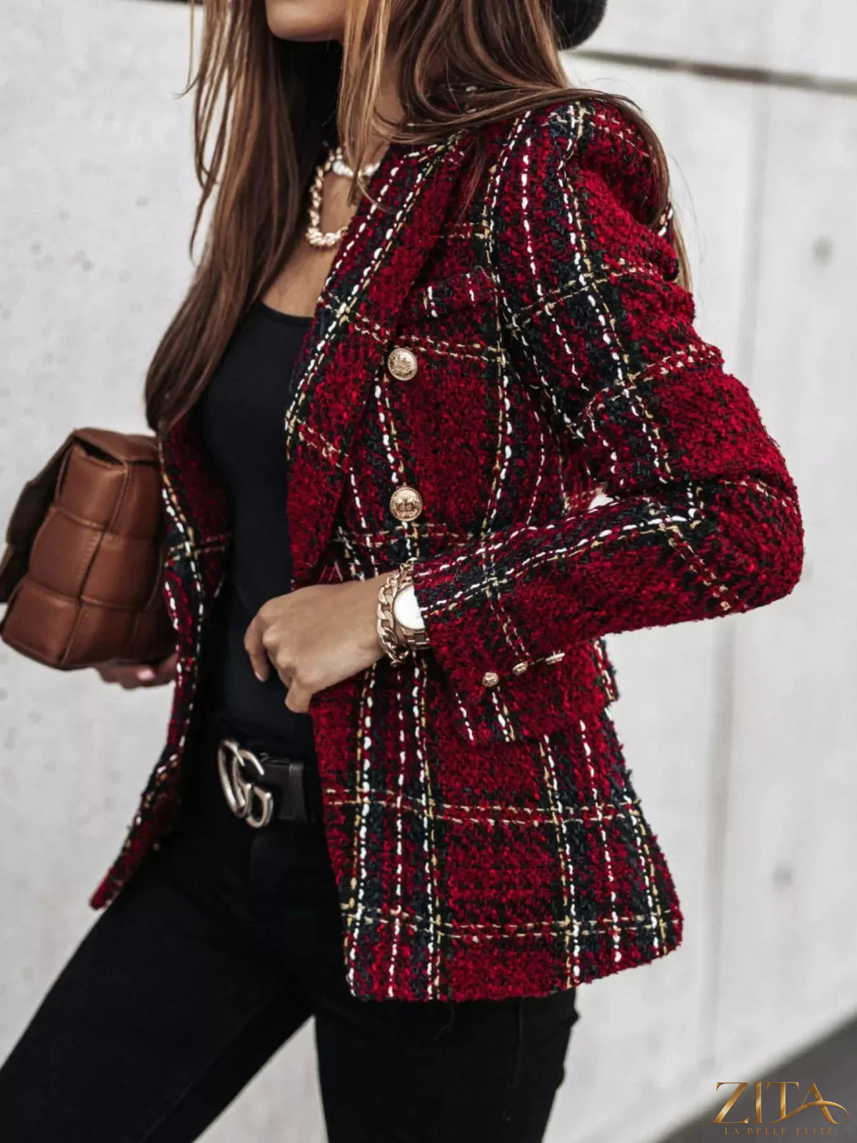 Plus size plaid tweed double-breasted blazer by Zita La Belle Elite, shown in full size with classic tailored fit and stylish pattern.