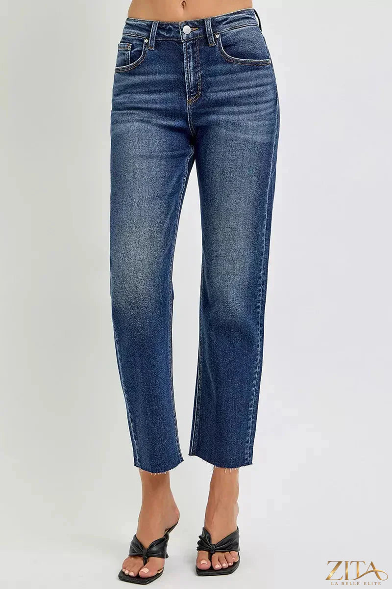 Zita La Belle Elite RISEN high-rise slim barrel jeans in dark wash, featuring a snug fit and classic five-pocket design.