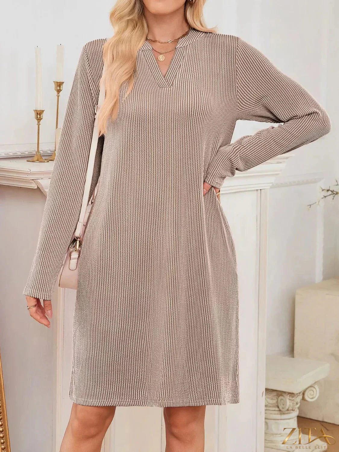 Zita La Belle Elite casual ribbed knit long sleeve dress in neutral color, fitted style, and soft fabric for everyday wear.