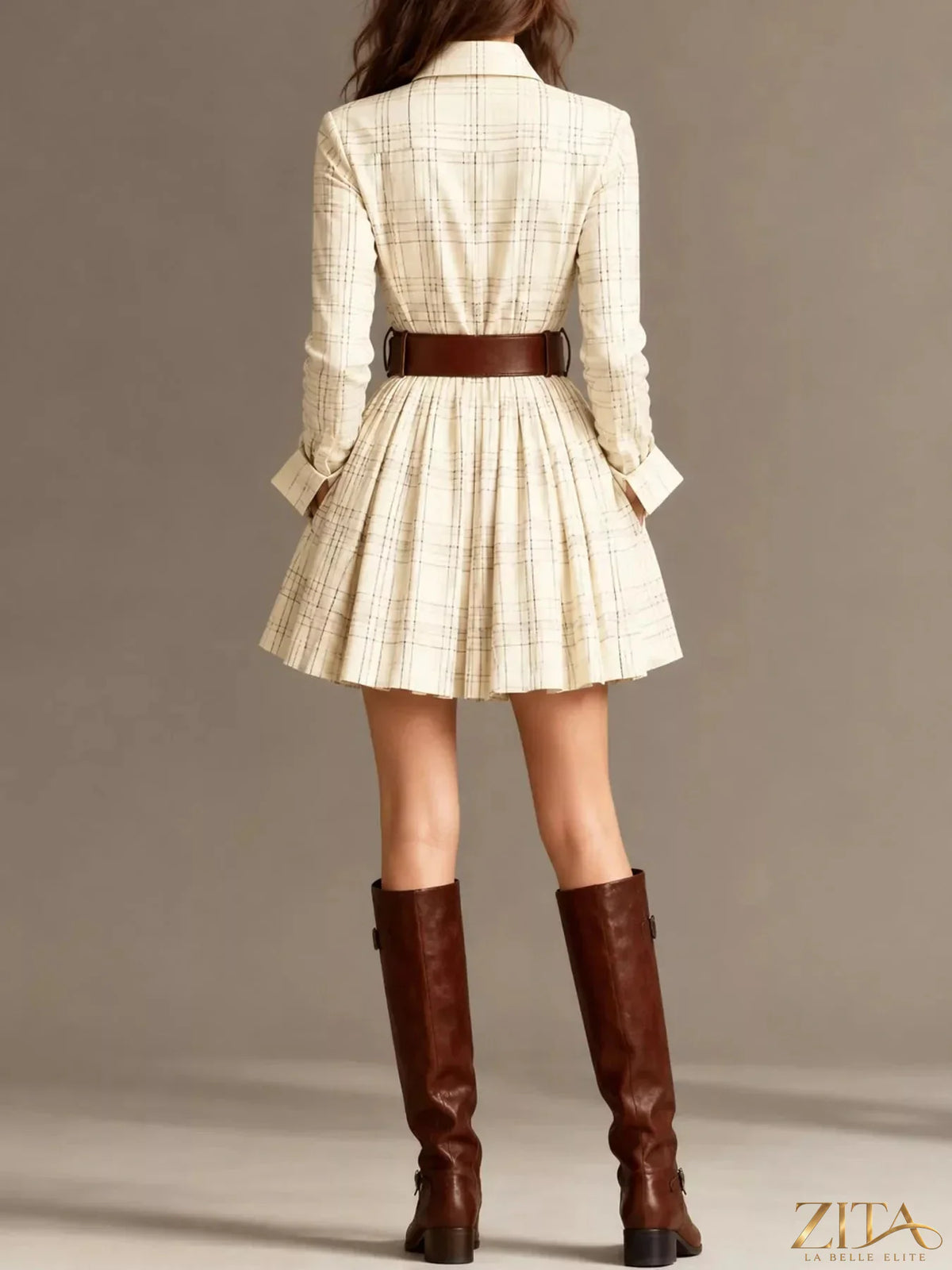 Zita La Belle Elite plaid long-sleeve shirt dress with a button-up front and collar, featuring a classic checkered pattern.