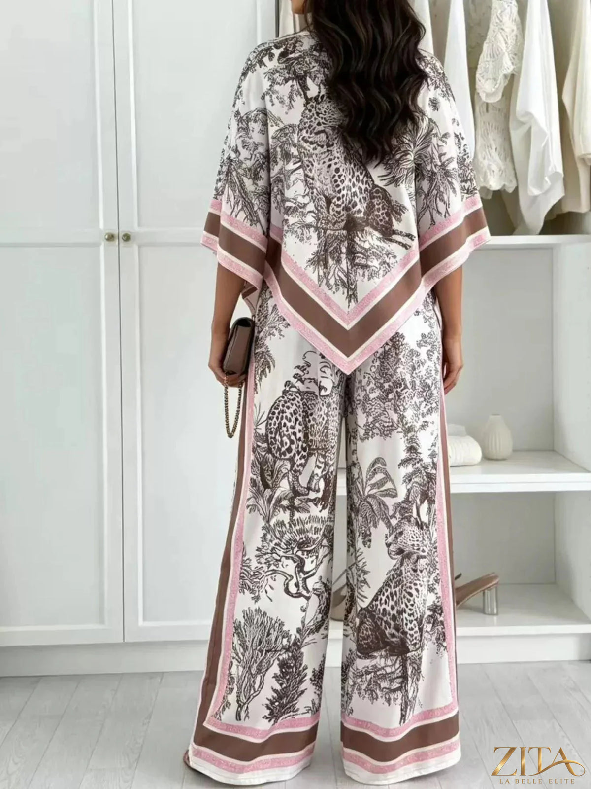 Zita La Belle Elite asymmetrical printed top with wide-leg pants set, stylish and modern fashion ensemble, front view.