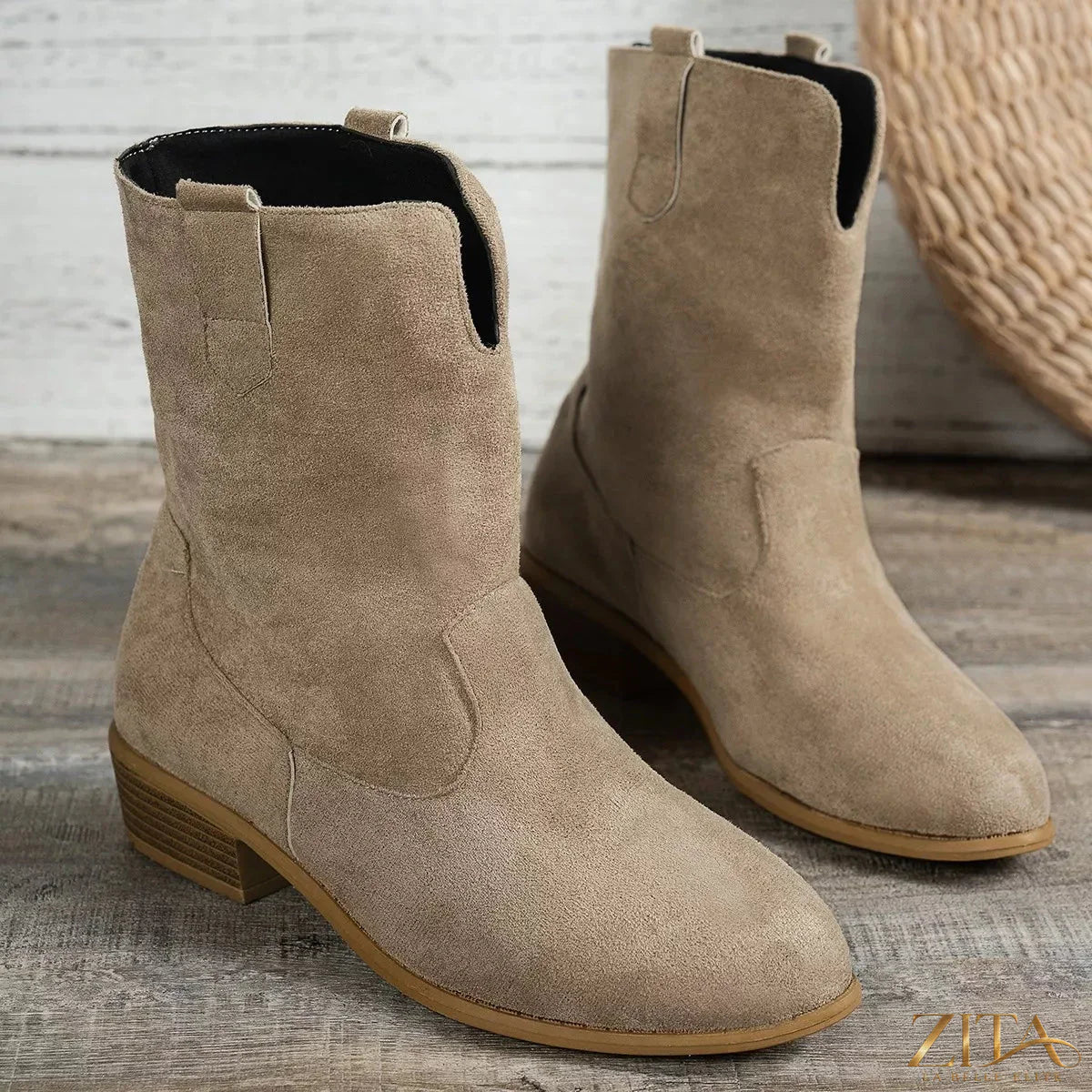 Trendsi suede block heel Western boots featuring classic Western stitching and a pointed toe, styled with a rugged leather look.