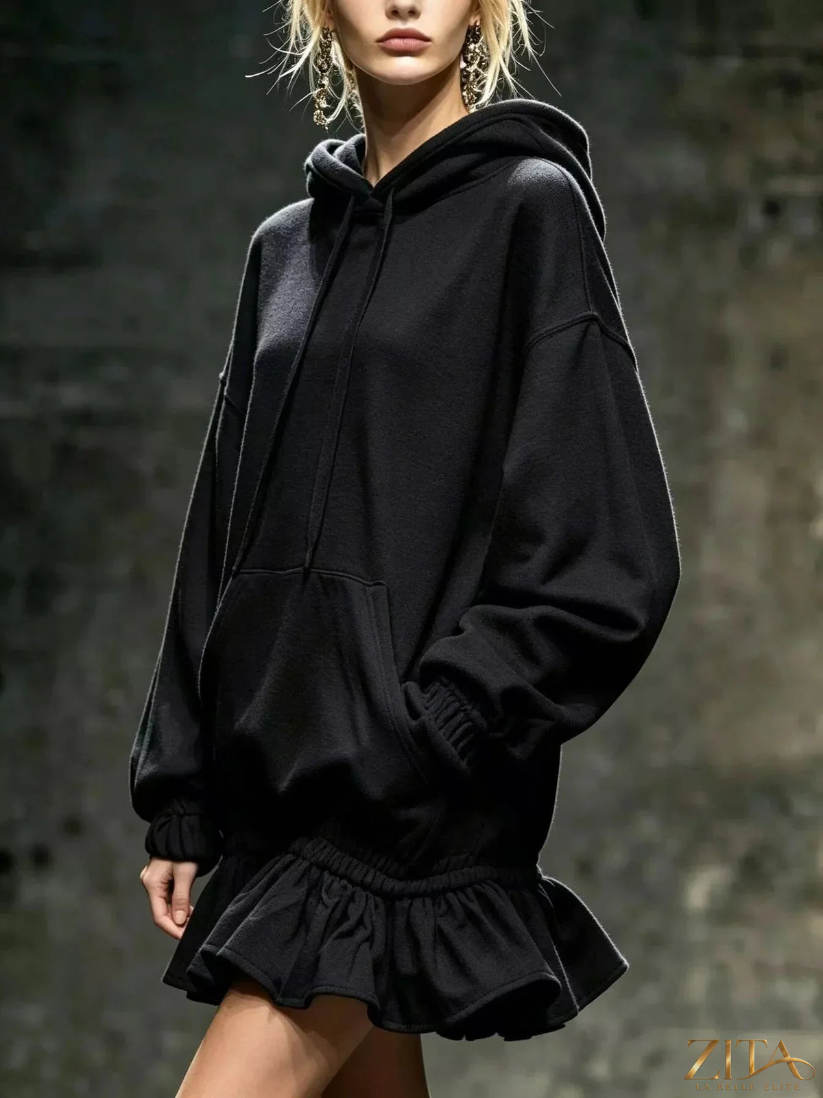 Zita La Belle Elite casual chic hoodie sweatshirt mini dress with ruffled hem, soft fabric, and relaxed fit, perfect for stylish comfort.