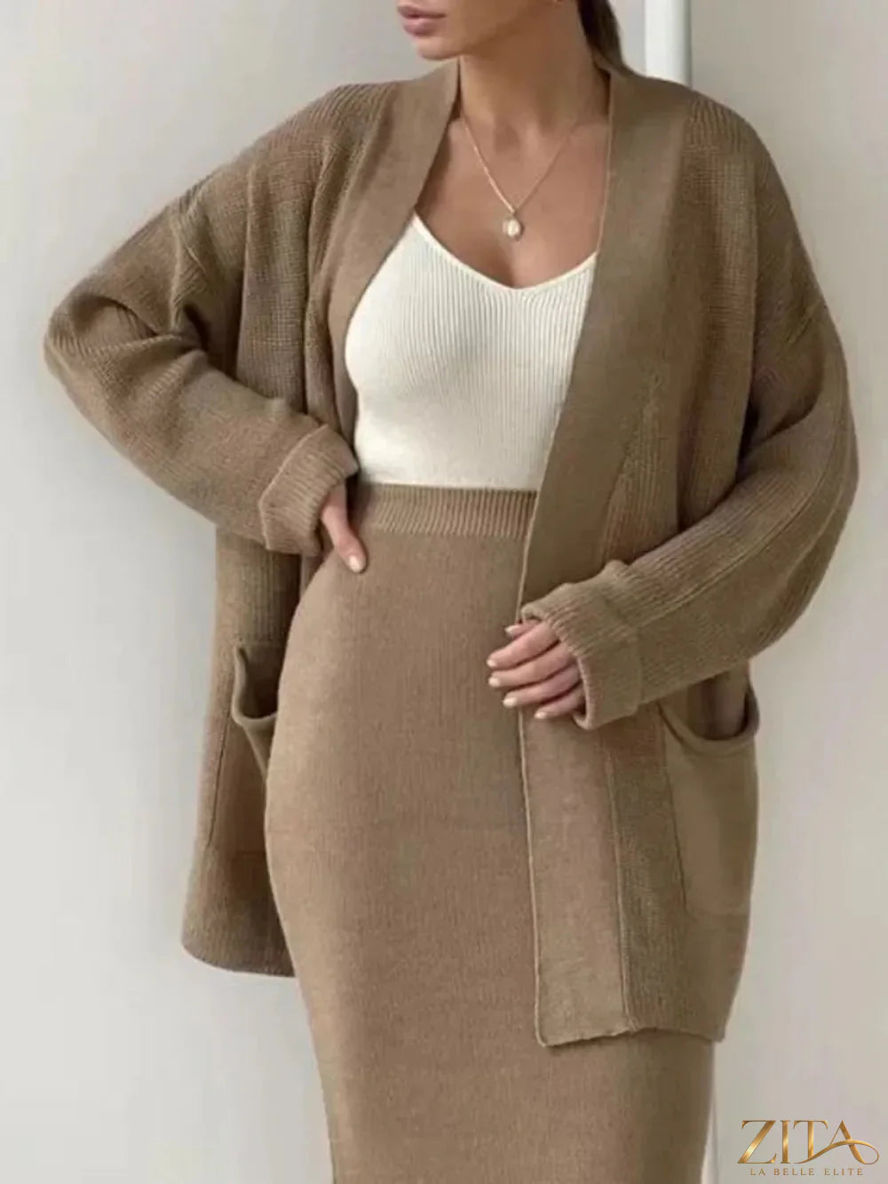 Zita La Belle Elite pocketed long sleeve cardigan and skirt sweater set in soft knit, featuring a cozy, stylish design.