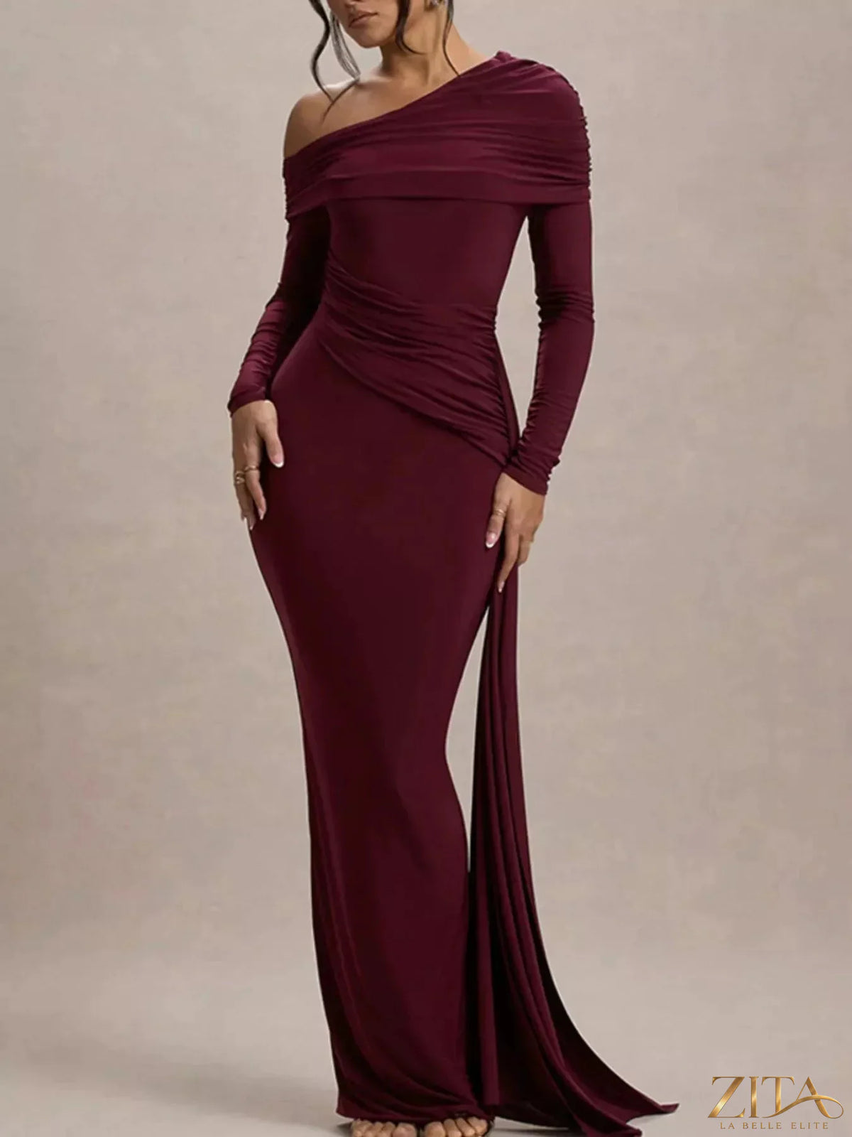 Zita La Belle Elite one-shoulder ruched maxi dress with elegant draping and fitted silhouette, perfect for formal occasions.