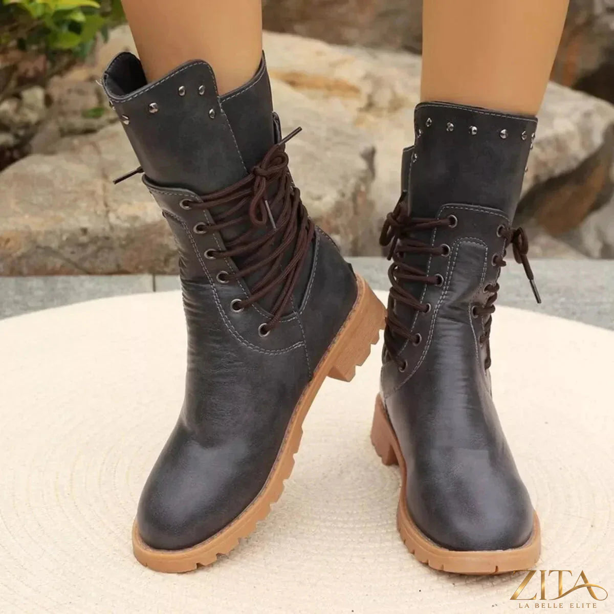 Trendsi studded lace-up boots with buckles and chunky heel, black leather ankle footwear with metal accents and rugged style