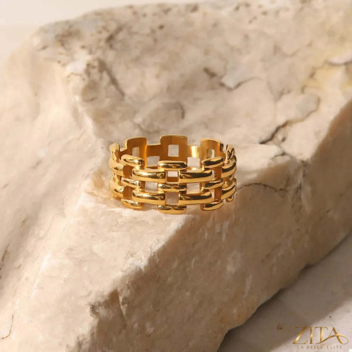 18K gold-plated cutout ring by Zita La Belle Elite featuring intricate geometric design and polished finish.