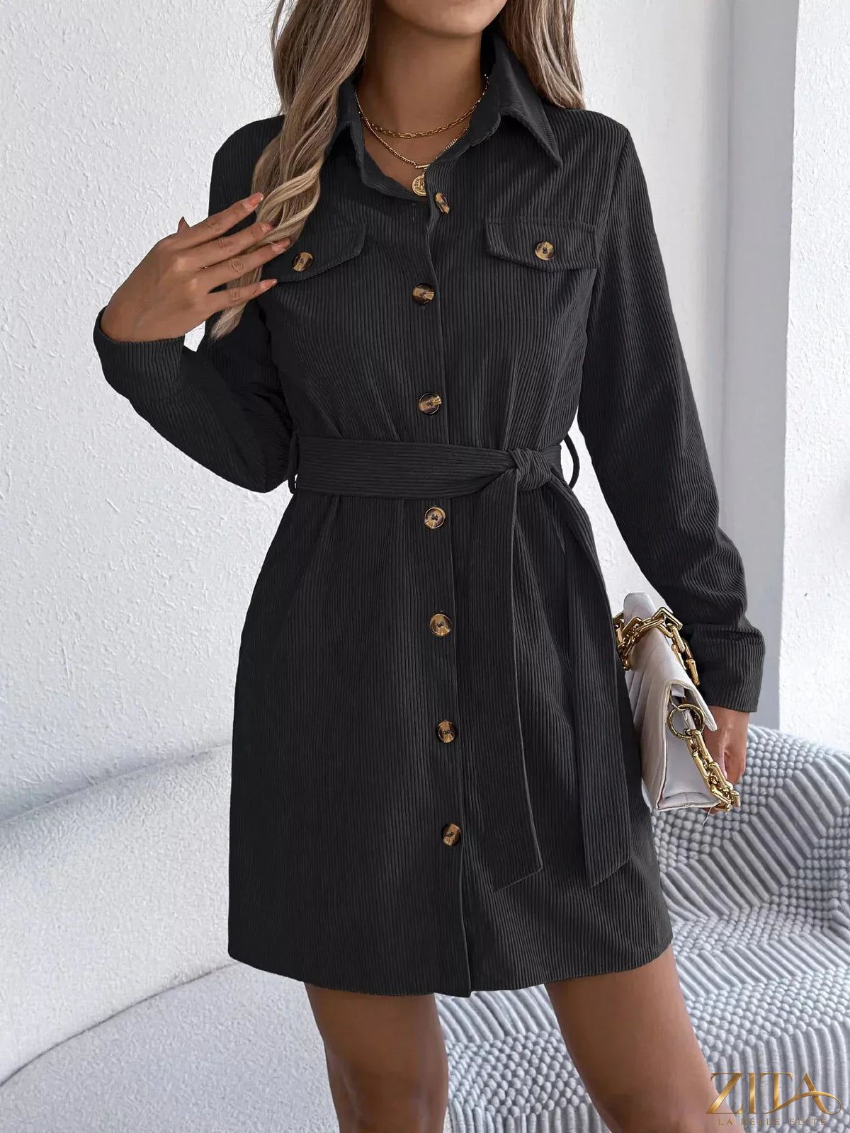 Zita La Belle Elite corduroy button-down shirt dress in earthy brown, featuring long sleeves and a classic collar.