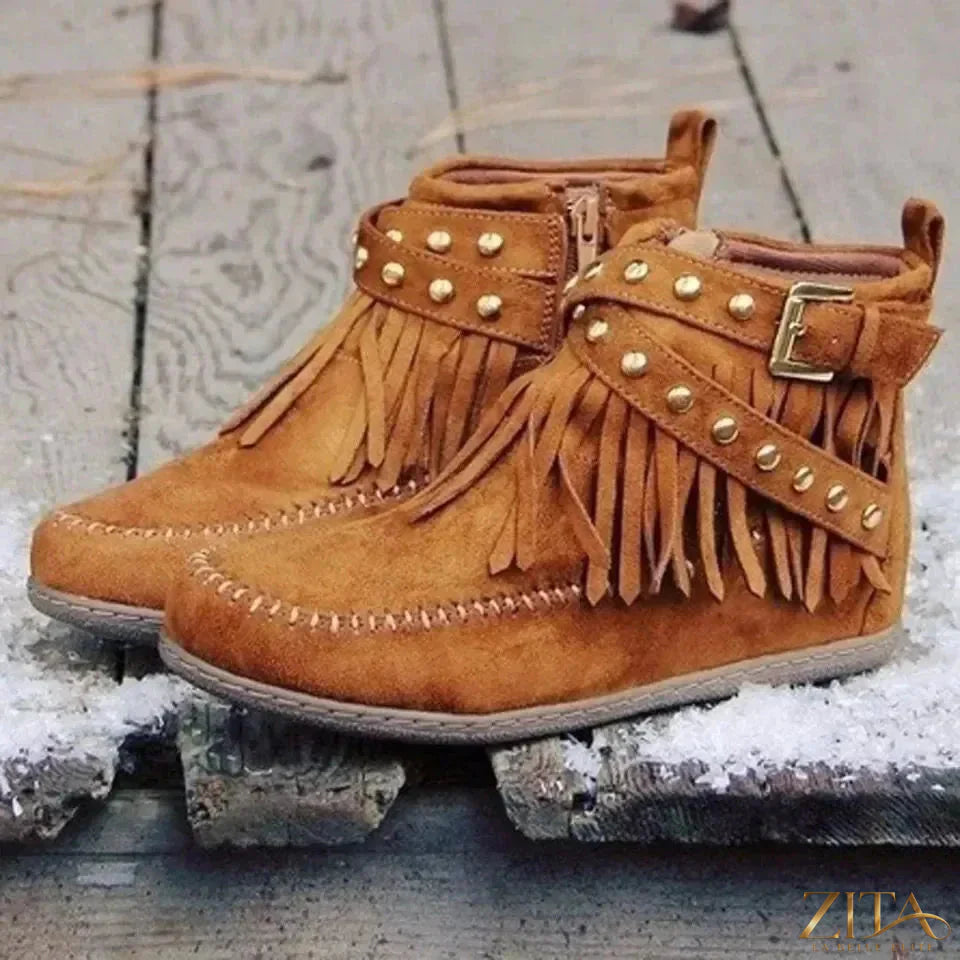 Zita La Belle Elite fringe studded suede flat boots with decorative fringe and metal studs, stylish ankle footwear.