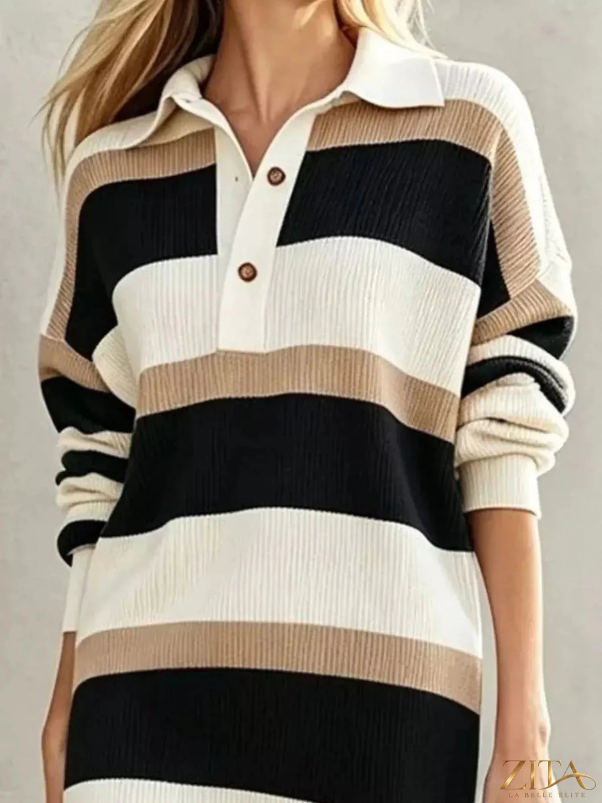 Zita La Belle Elite striped polo collar long sleeve sweater dress with a fitted design and ribbed cuffs, in a stylish pattern.