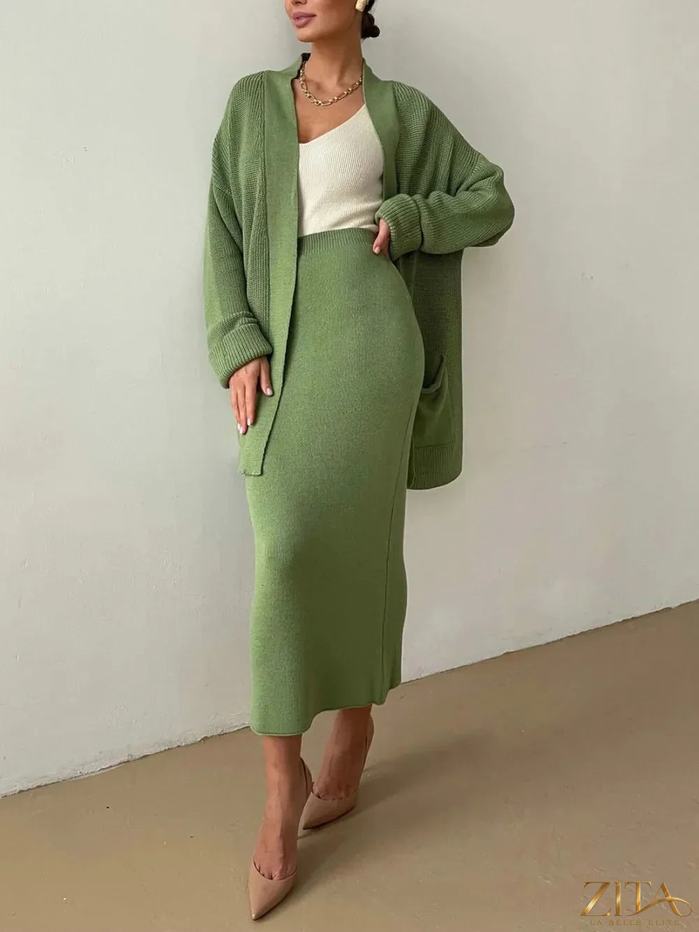 Zita La Belle Elite pocketed long sleeve cardigan and matching skirt sweater set, soft knit fabric, stylish and comfortable.