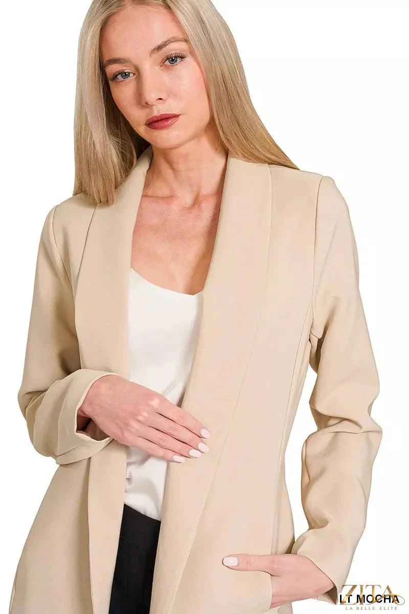 Zita La Belle Elite Zenana woven long sleeve blazer with lining, shown in black, featuring a tailored fit and classic collar design.