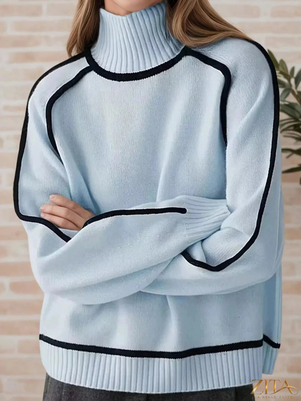 Zita La Belle Elite contrast trim turtleneck sweater in soft knit with ribbed cuffs and a stylish high neckline.