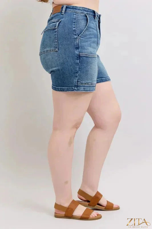Plus size Judy Blue high rise denim shorts by Zita La Belle Elite, showcasing the fit and classic denim style.