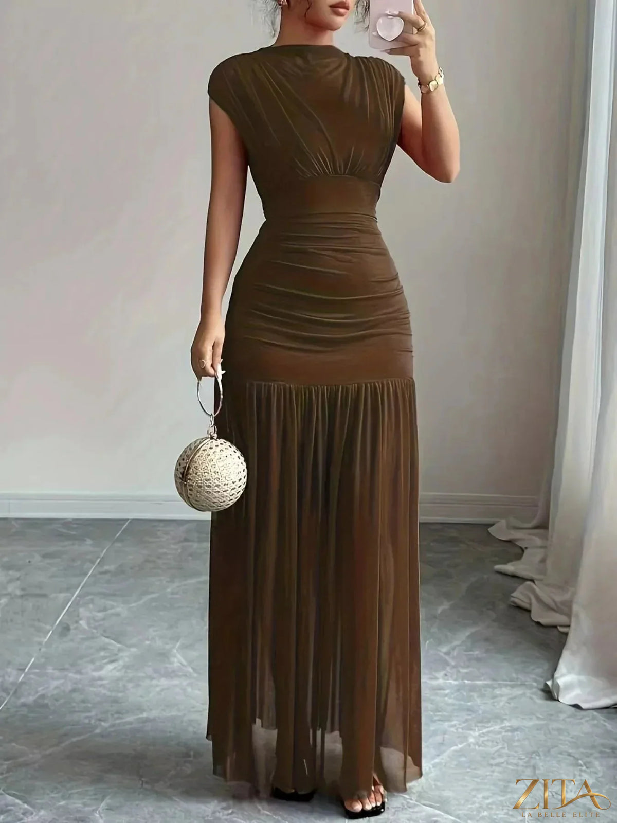 Zita La Belle Elite ruched black bodycon maxi dress with fitted silhouette and elegant design, perfect for formal occasions