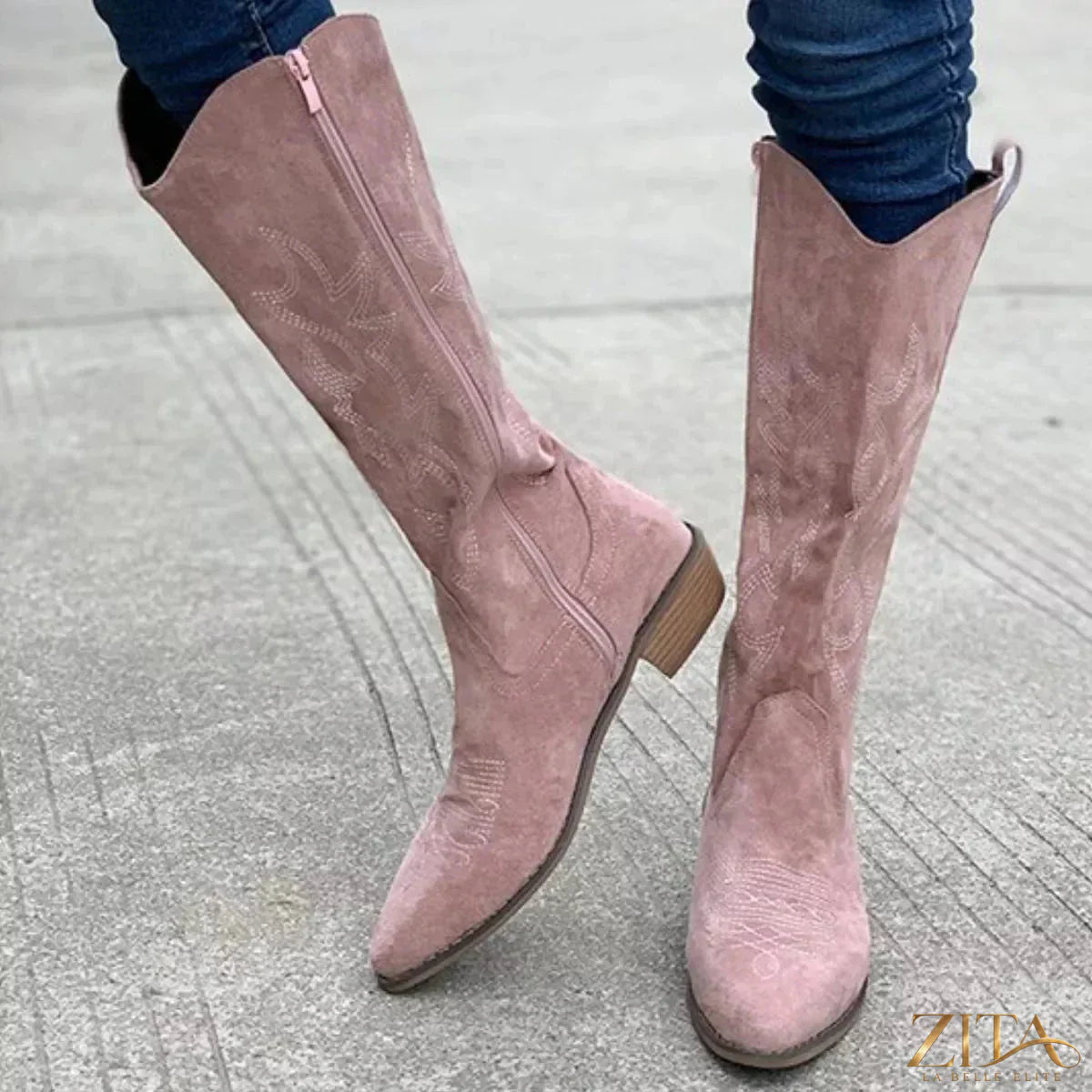 Zita La Belle Elite point toe block heels boots with sleek black leather and stylish ankle height, perfect for chic outfits.