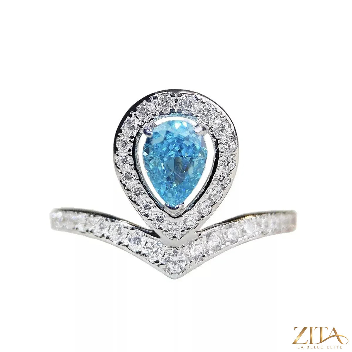Sterling silver zircon teardrop ring with elegant design, featuring sparkling stones set in a sleek band.