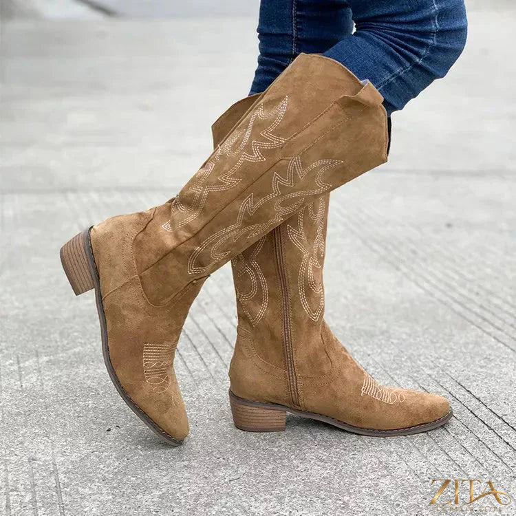 Zita La Belle Elite point toe block heel boots in black leather, stylish ankle footwear with sturdy block heels and sleek design.