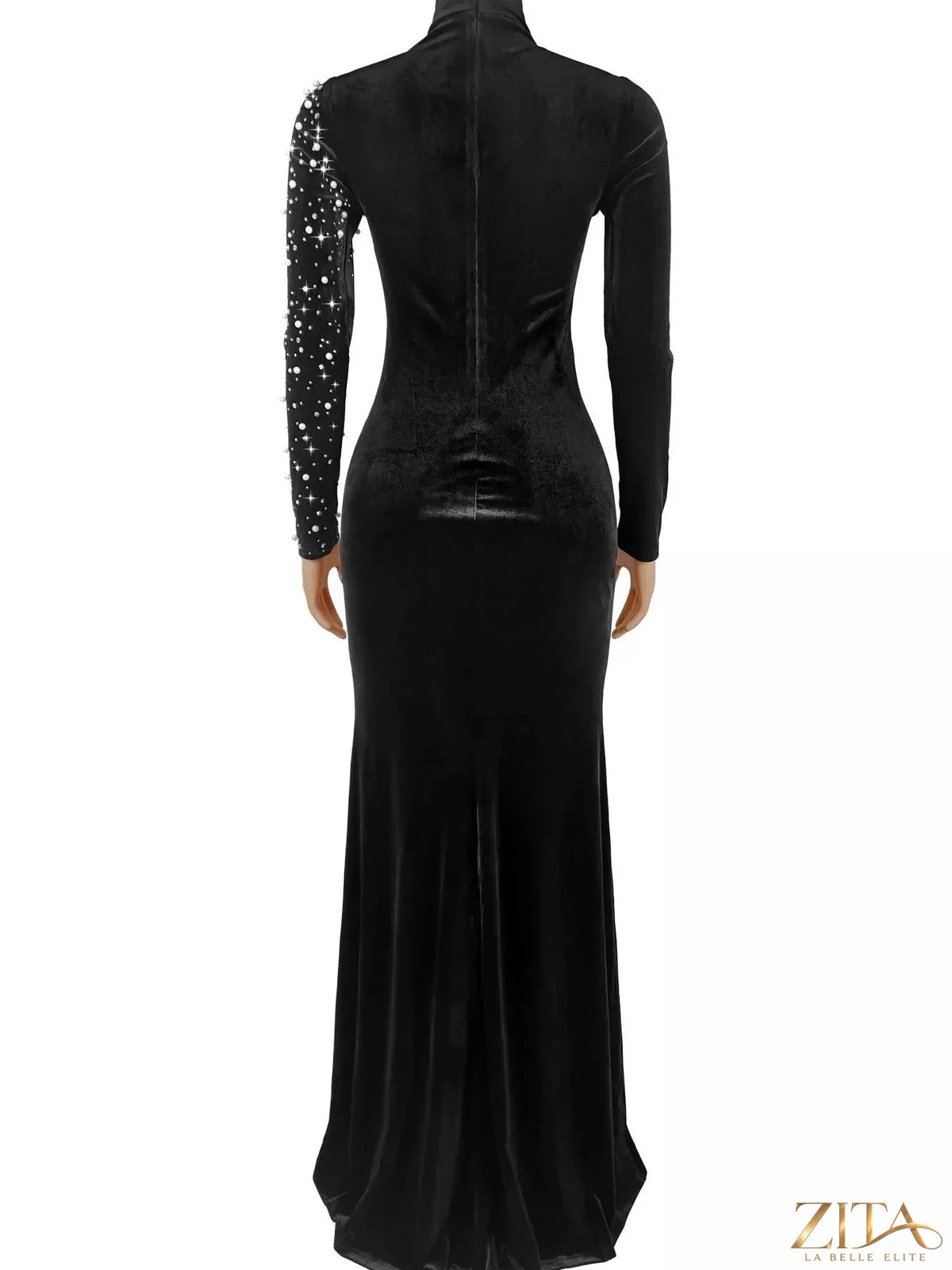 Rhinestone embellished velvet mermaid evening maxi dress by Zita La Belle Elite, featuring a fitted silhouette and glamorous design.