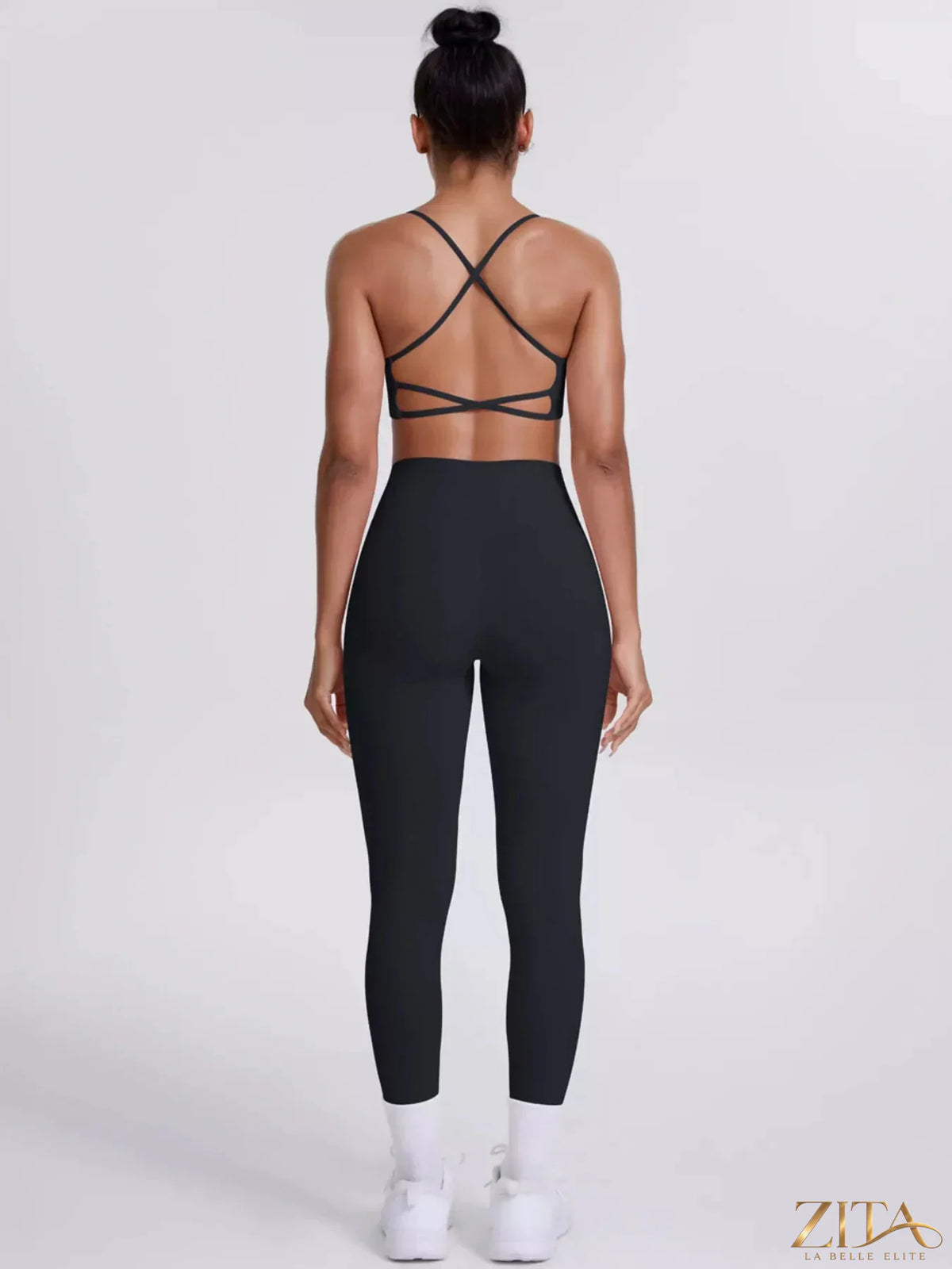 Zita La Belle Elite criss-cross back cami and matching leggings active set, black athletic wear for exercise and workouts.