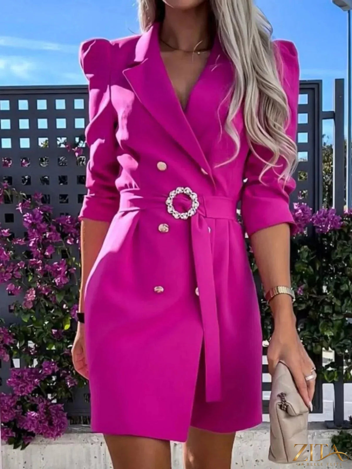 Zita La Belle Elite 3/4 sleeve belted blazer dress in black, featuring a tailored fit and stylish lapel collar.