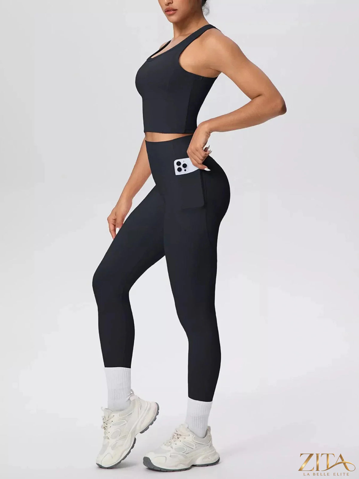 Zita La Belle Elite scoop neck tank top and high-waisted leggings active set, black, fitted athletic wear for workout or casual wear