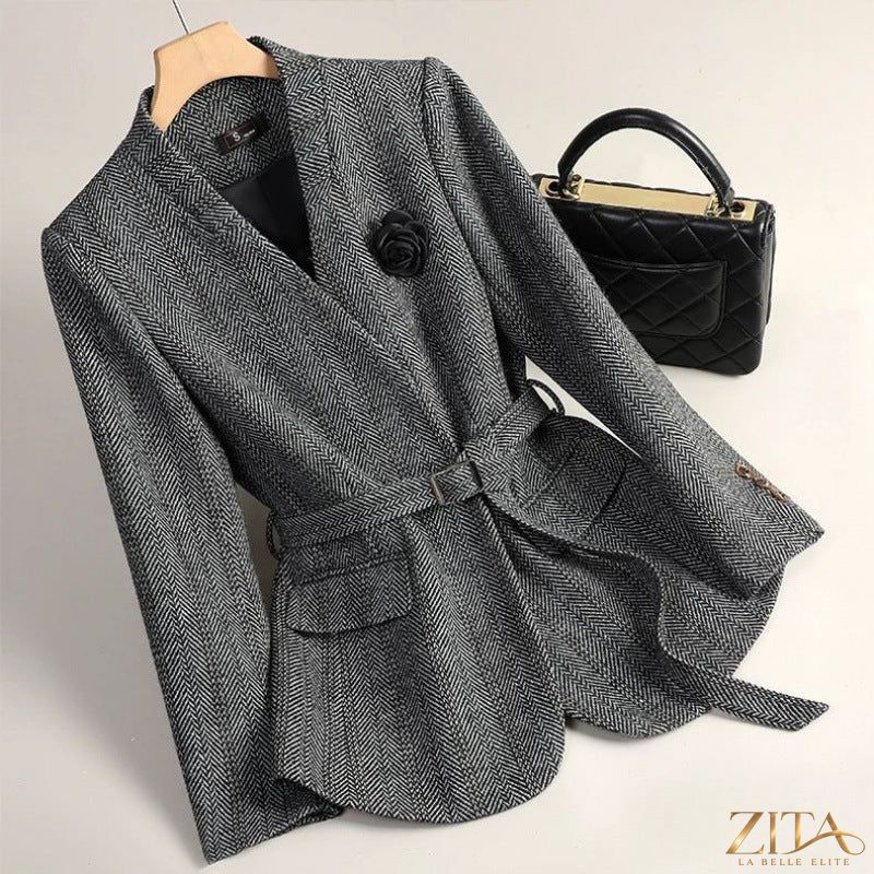 Zita La Belle Elite women's sophisticated wool blazer in classic tailored style, displayed on a hanger.
