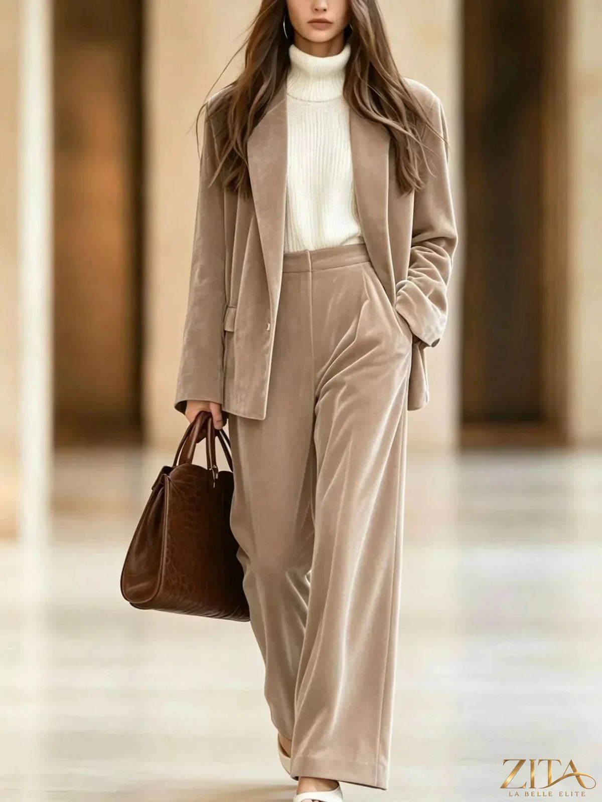 Zita La Belle Elite velvet blazer and wide-leg pants two-piece set, featuring a stylish tailored blazer and flowing wide-leg trousers.