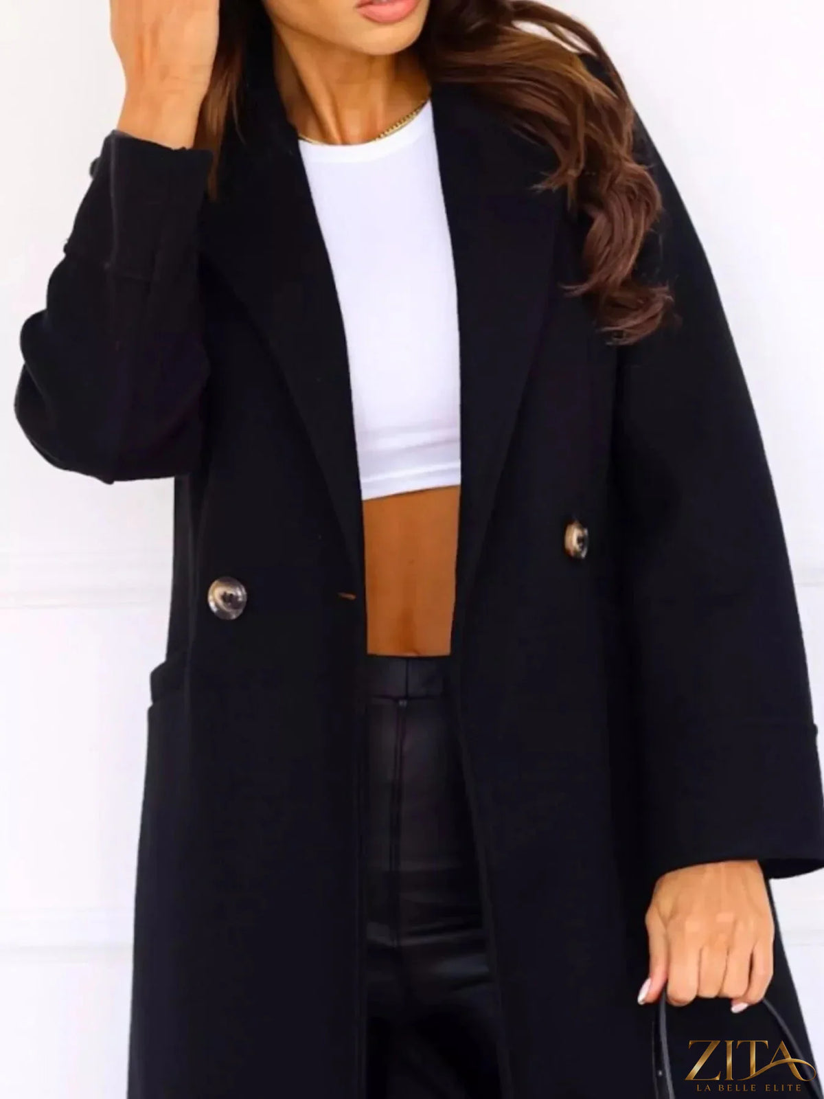 Zita La Belle Elite wool blend overcoat with lapel collar, stylish outerwear featuring a tailored fit and classic design.