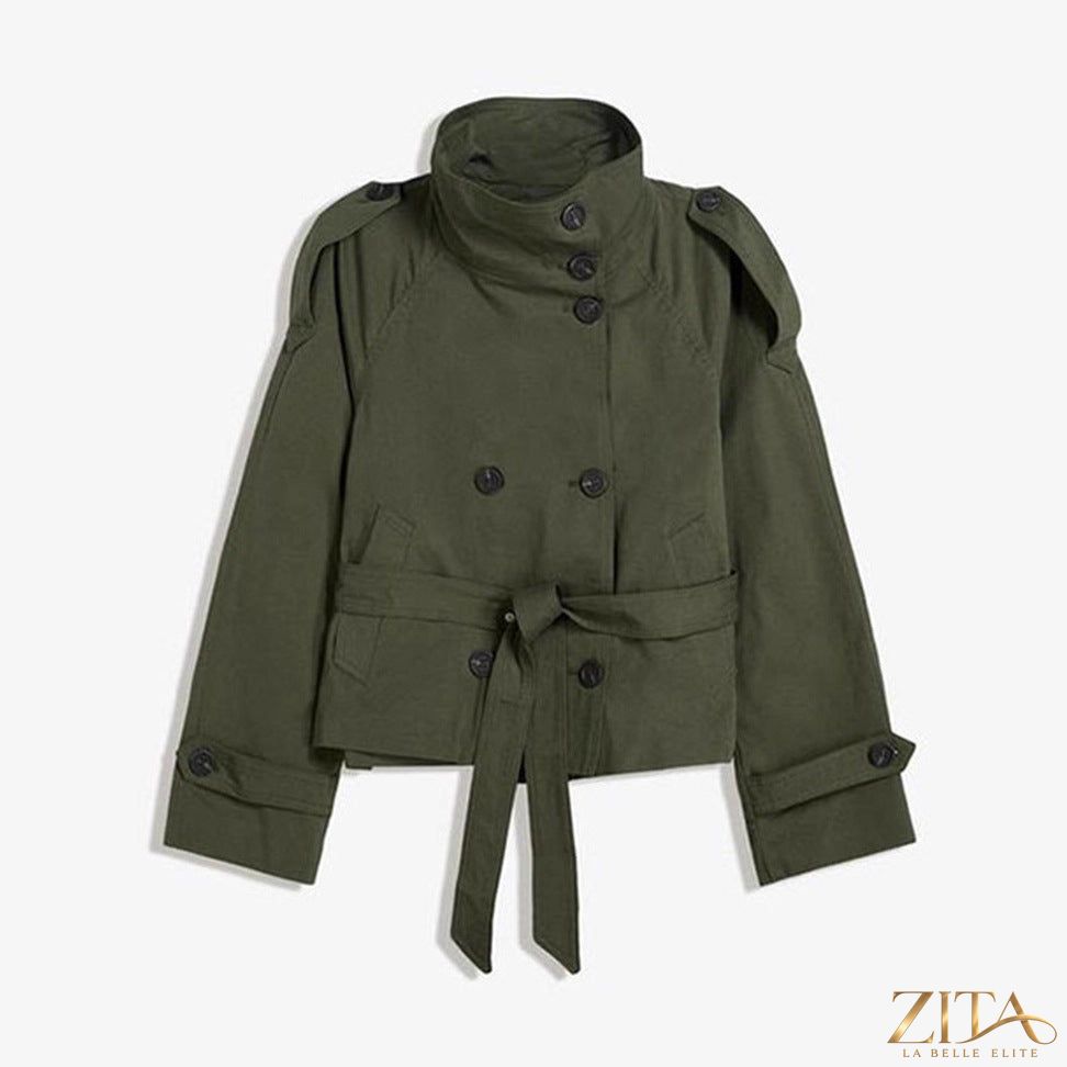 Women’s lace-up waist trench coat by Zita La Belle Elite, stylish jacket with belt and classic trench design, shown on a model.