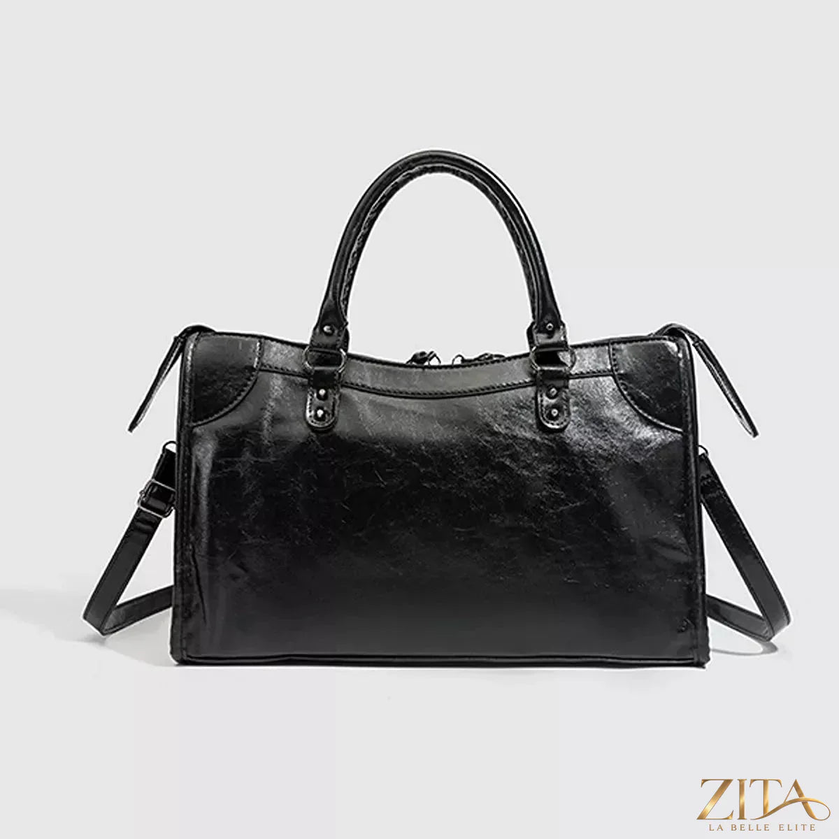 Zita La Belle Elite PU leather handbag with top handle, stylish and durable for everyday use, shown in black with silver hardware.