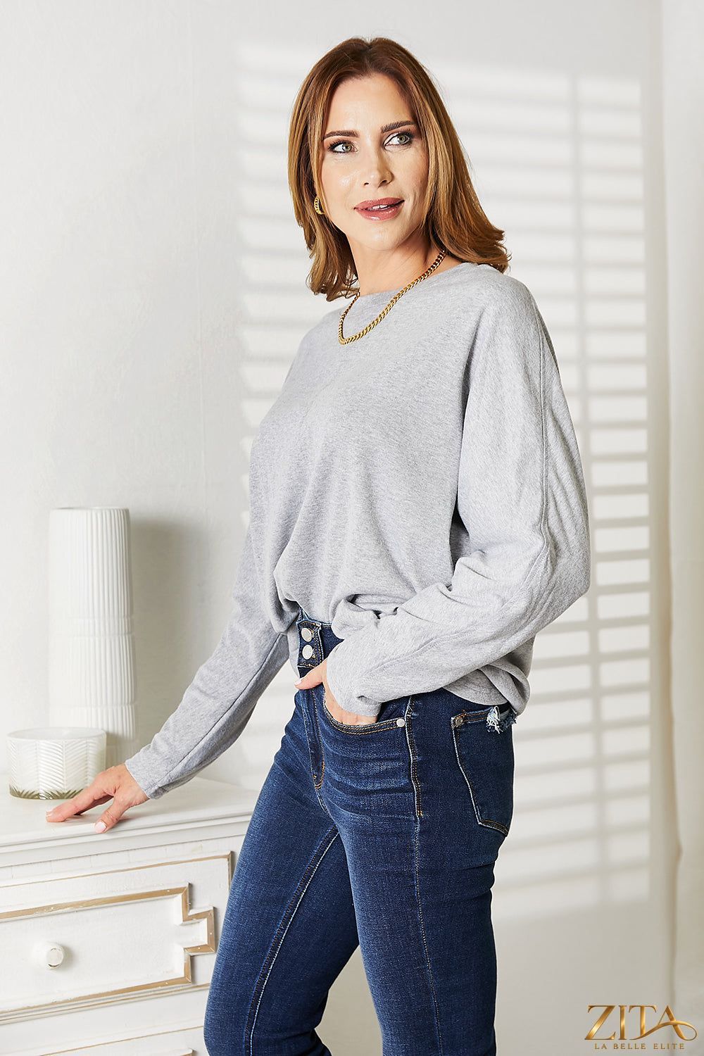 Zita La Belle Elite Double Take long sleeve top with seam detail and round neckline, showcasing the stylish design and fabric texture.