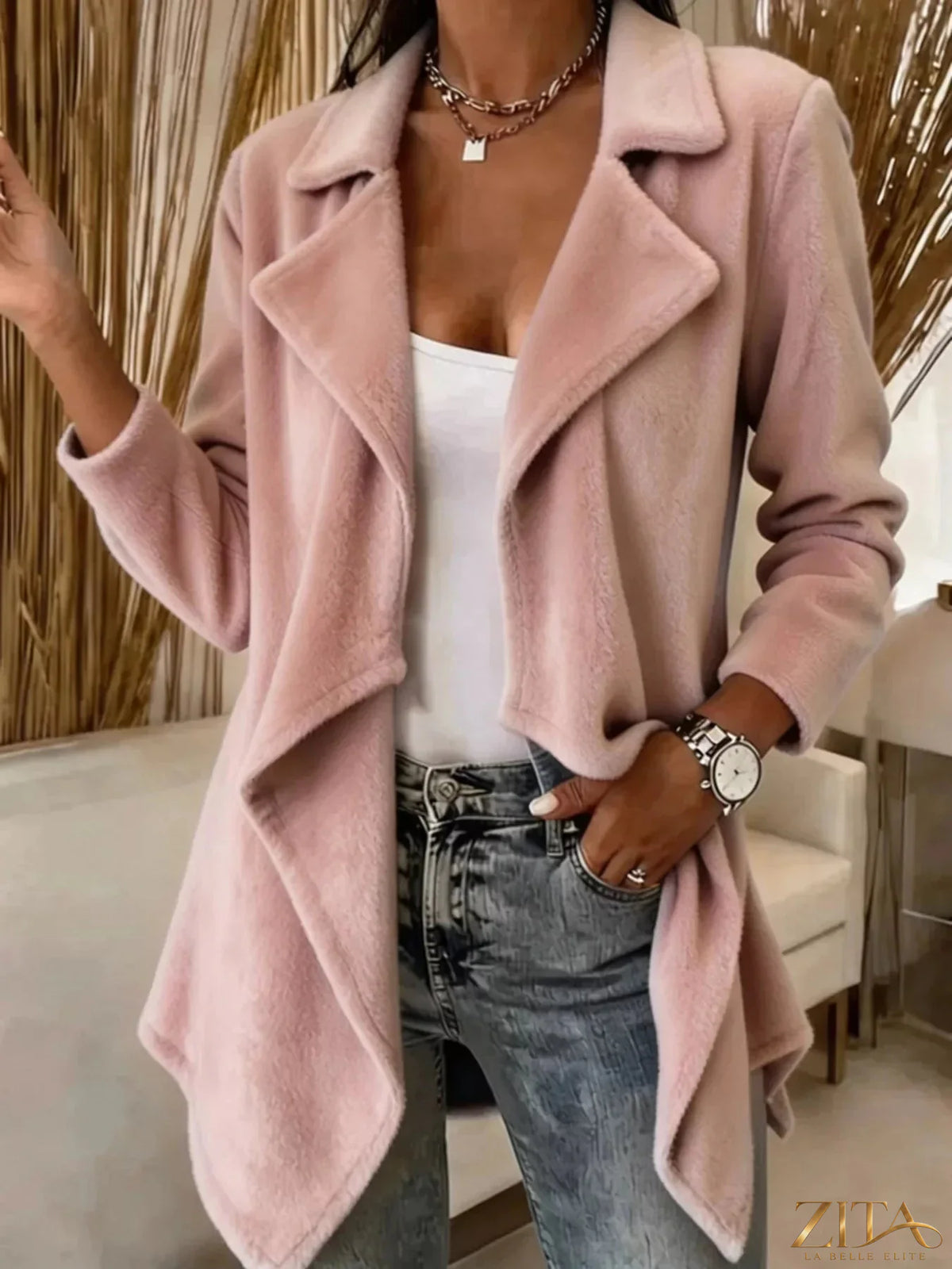Plus size Zita La Belle Elite fleece waterfall collar outerwear, showcasing a cozy full-size fleece coat with a waterfall collar.