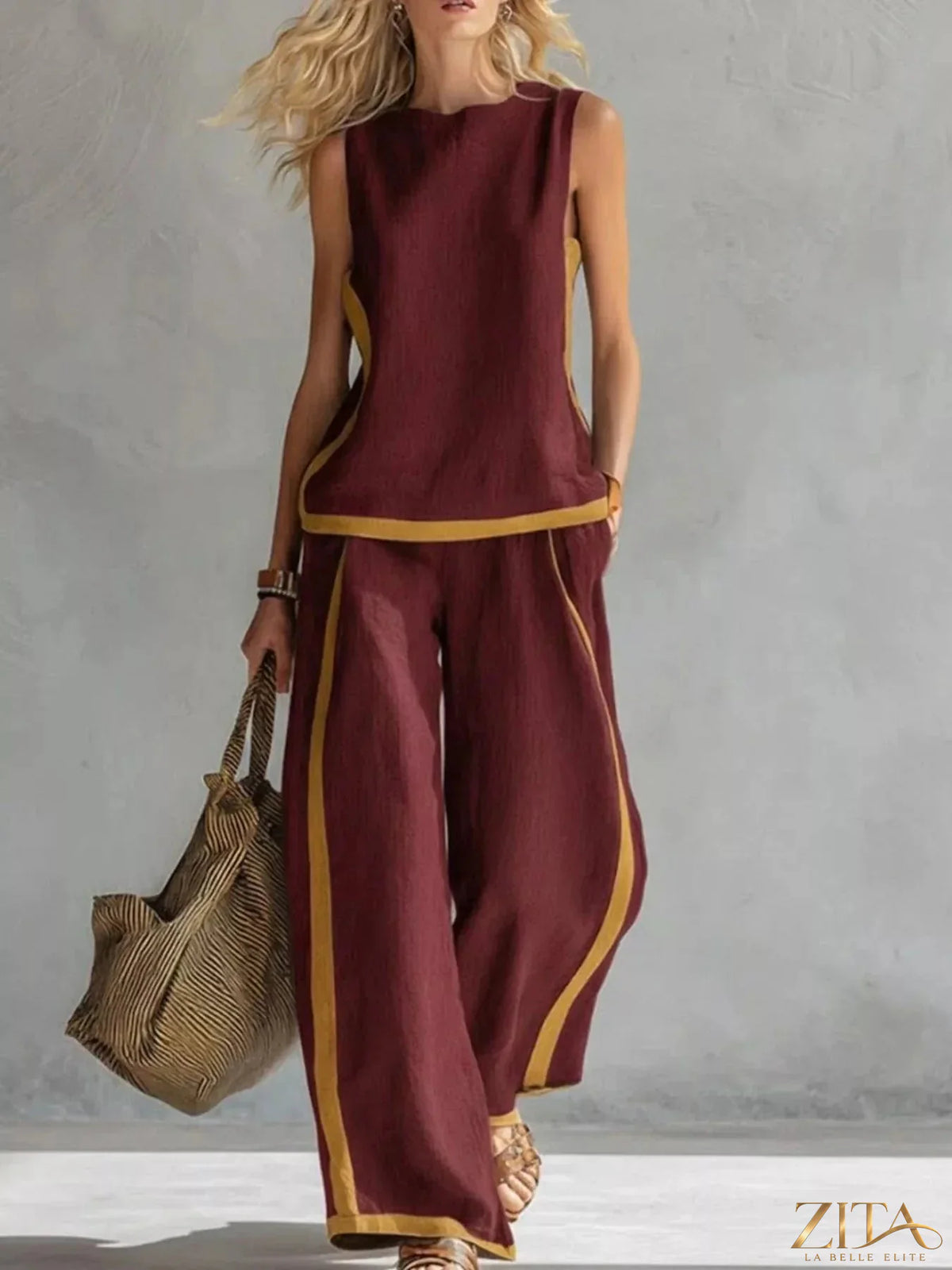 Zita La Belle Elite sleeveless tank top and wide-leg pants set, stylish casual outfit, soft fabric, neutral color, on model.