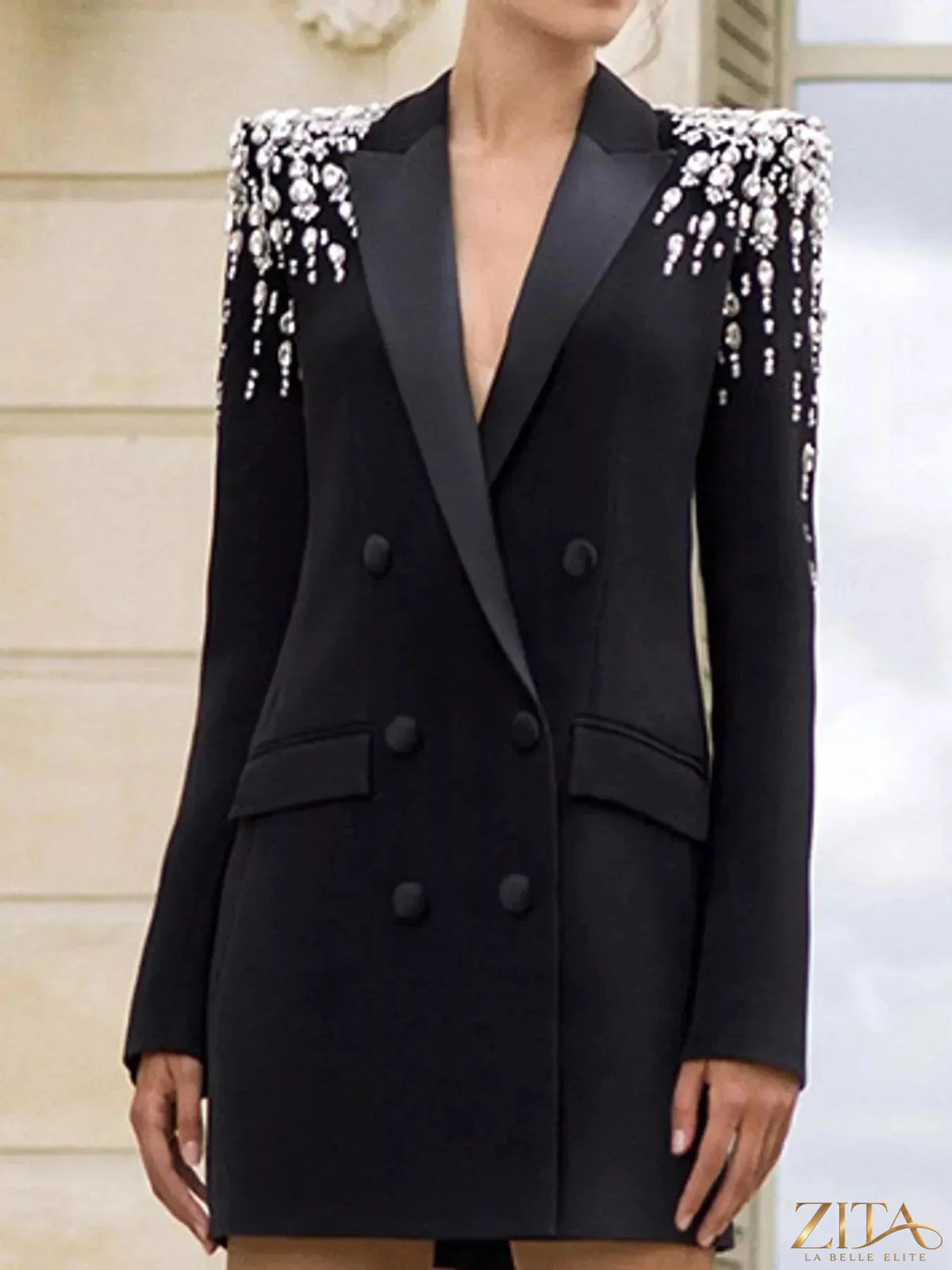 Plus size Zita La Belle Elite rhinestone shoulder double-breasted blazer with full size fit and stylish design.