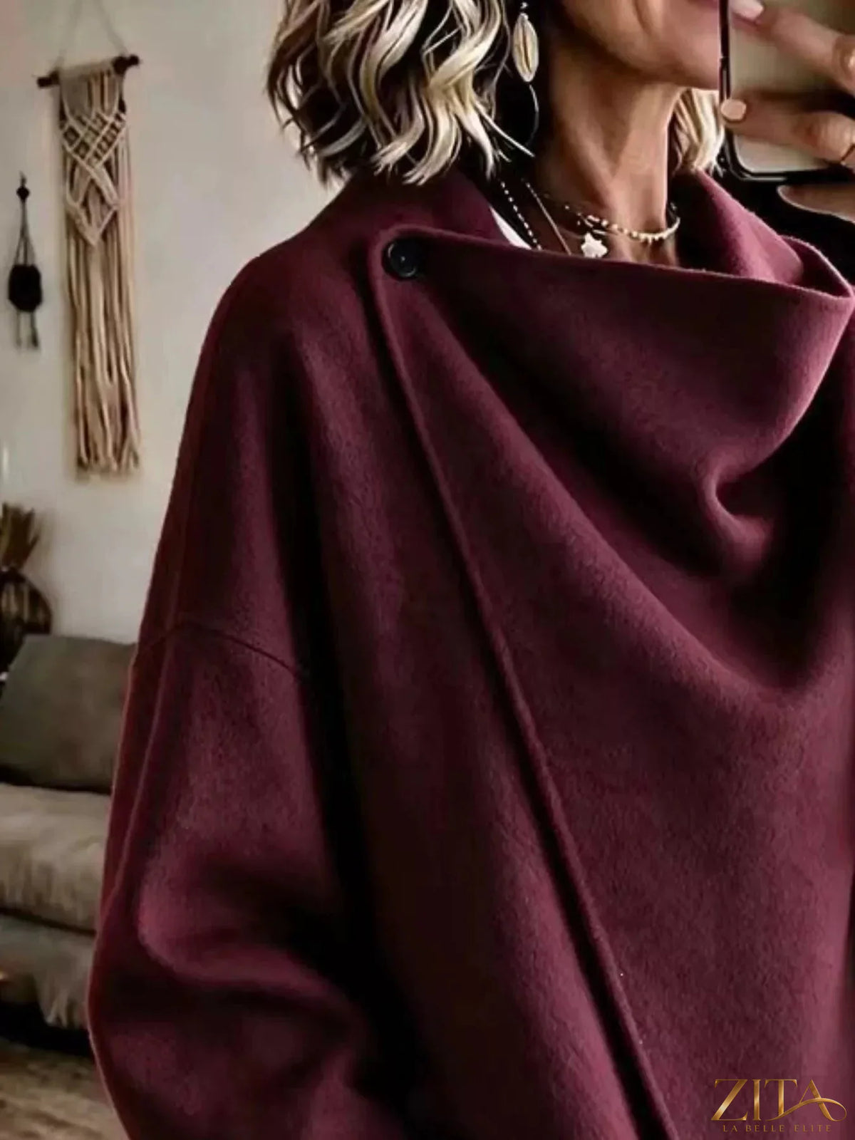 Plus size asymmetric cowl neck cape by Zita La Belle Elite, shown in a flowing, elegant design with draped fabric and stylish silhouette.