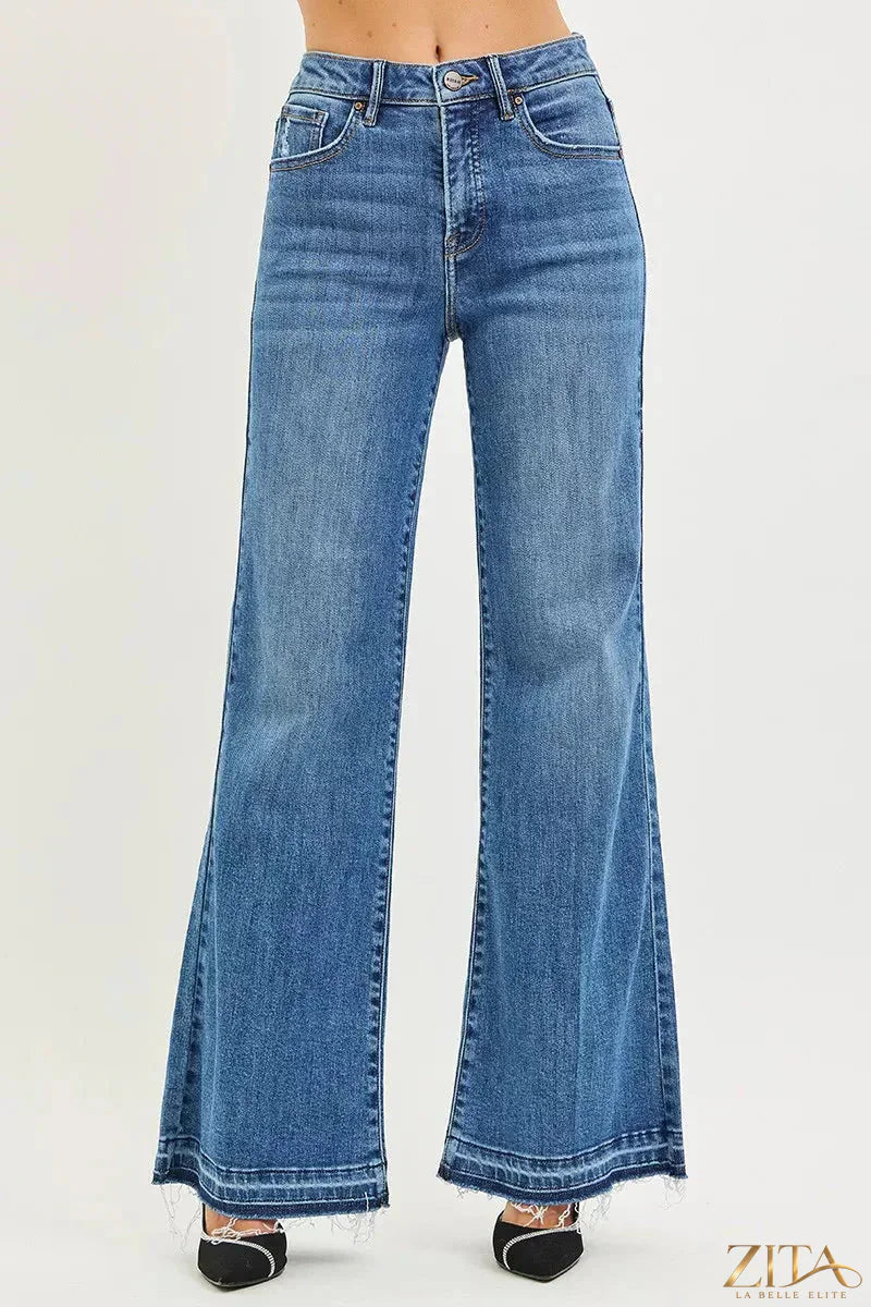 Zita La Belle Elite Risen High Rise Wide Leg Jeans with released hem, showcasing a trendy denim style and relaxed fit.