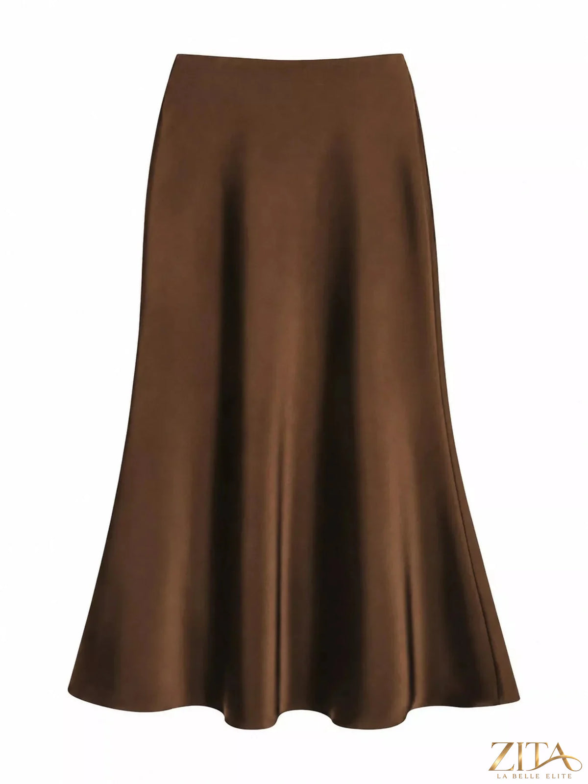 Plus size high-waisted satin midi skirt by Trendsi, shown in full length with smooth, shiny fabric and a flowing silhouette.