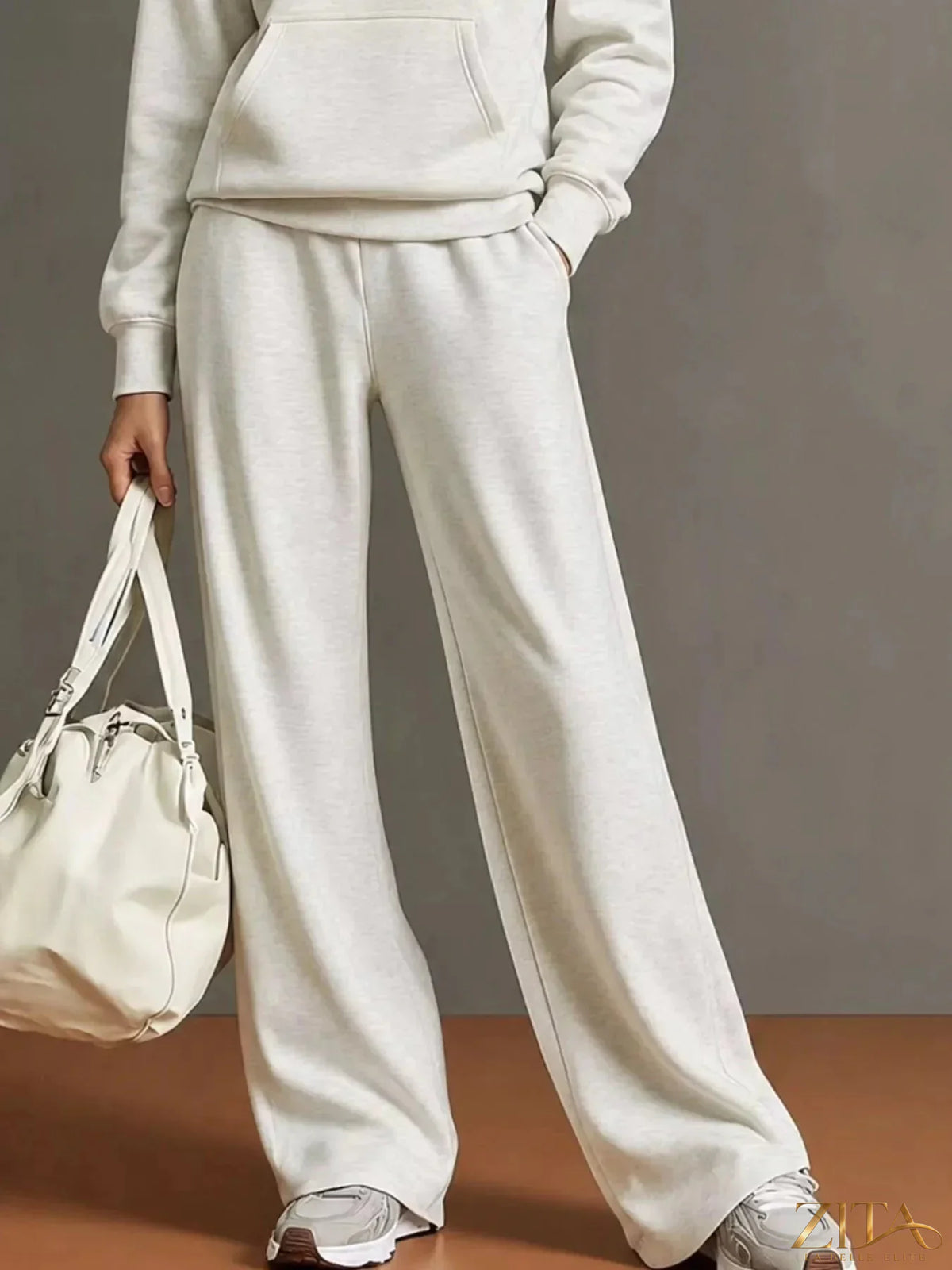 Zita La Belle Elite kangaroo pocket hoodie and pants set, cozy two-piece loungewear with front pocket and matching joggers.