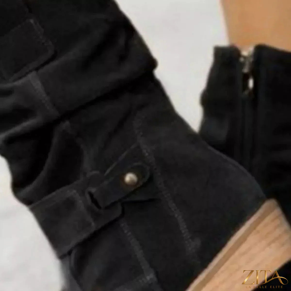 Zita La Belle Elite suede mid-calf boots with block heel and rounded toe, featuring stylish stitching and a sleek design.