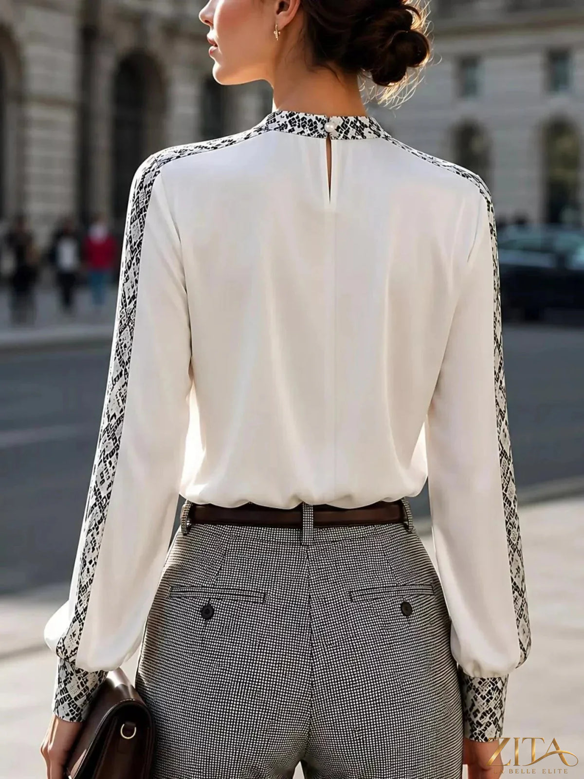 Snake print satin blouse with contrast trim from Zita La Belle Elite, featuring a stylish, silky fabric and modern design.