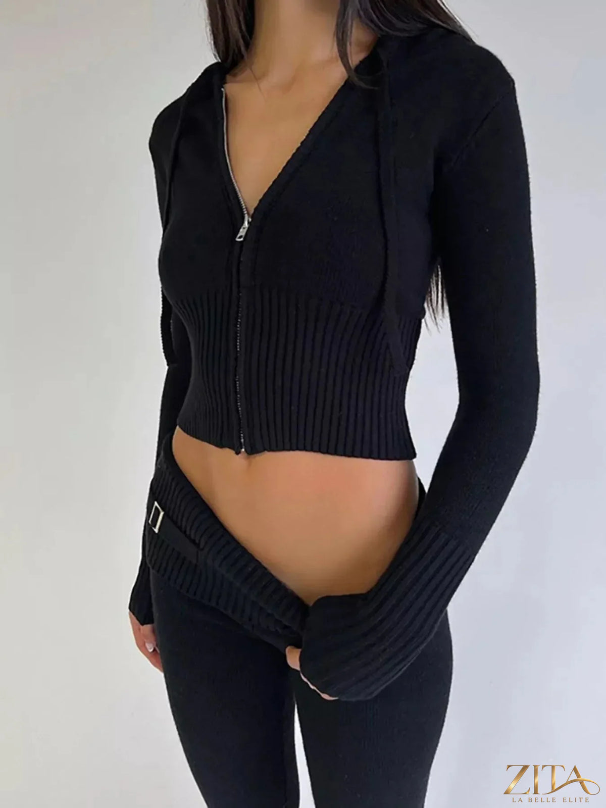 Zita La Belle Elite zip-up hooded cardigan and matching pants sweater set, soft knit fabric in a stylish, casual design.