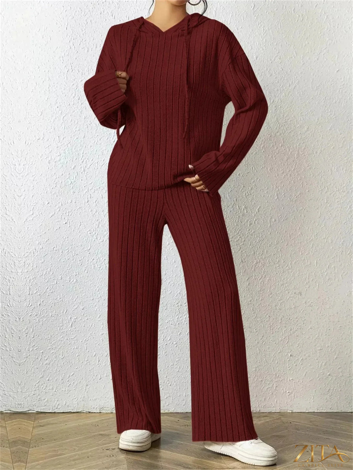 Zita La Belle Elite ribbed hoodie and pants set with drawstrings, featuring a matching, comfortable loungewear style in neutral tones.