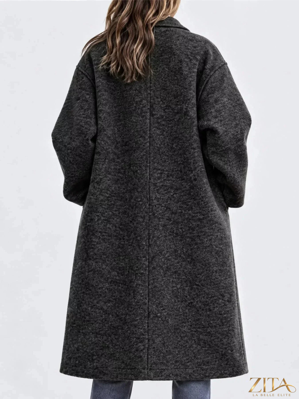 Plus size Zita La Belle Elite coat with lapel collar and single button, full-length coat in a stylish, elegant design.